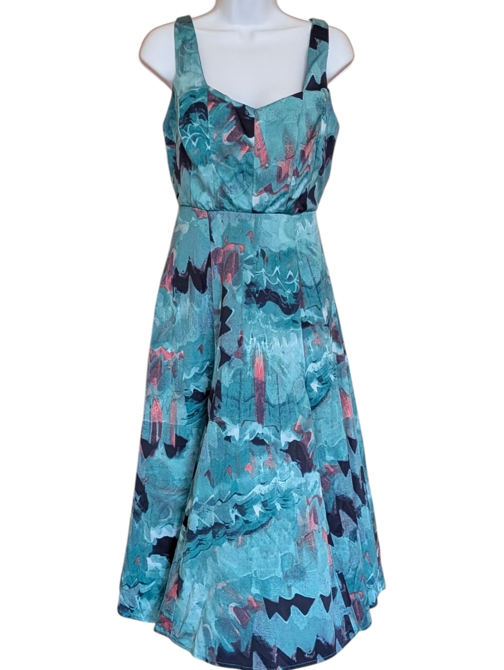 Sofia Jeans Aqua Marble-Print Midi Dress with Sweetheart Neckline M Business